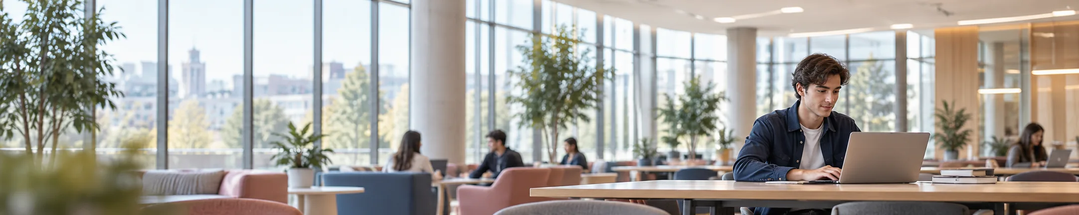 Studente di Economia Aziendale con portatile in uno spazio universitario