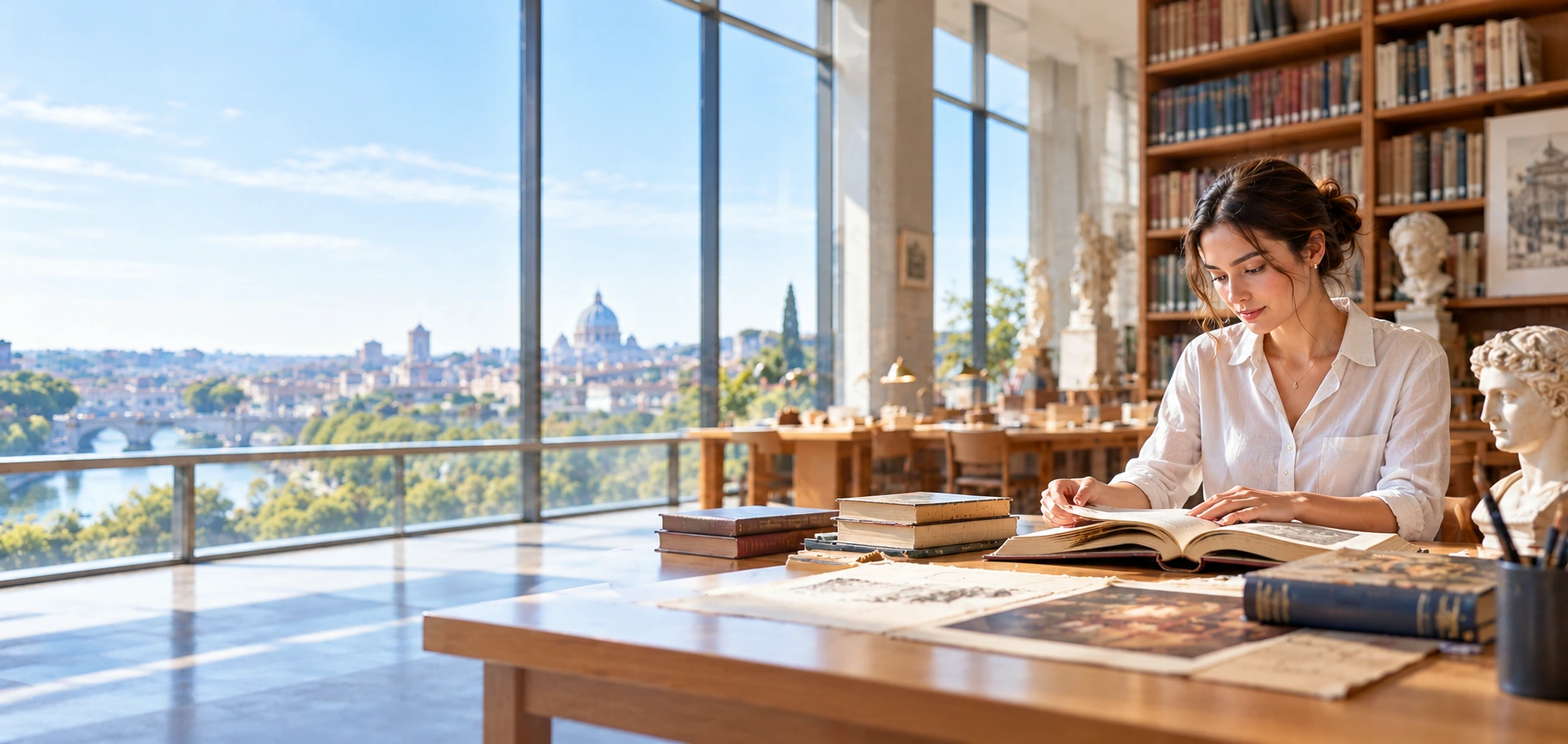 Studentessa di Lettere in biblioteca con libri aperti e opere d&rsquo;arte classica